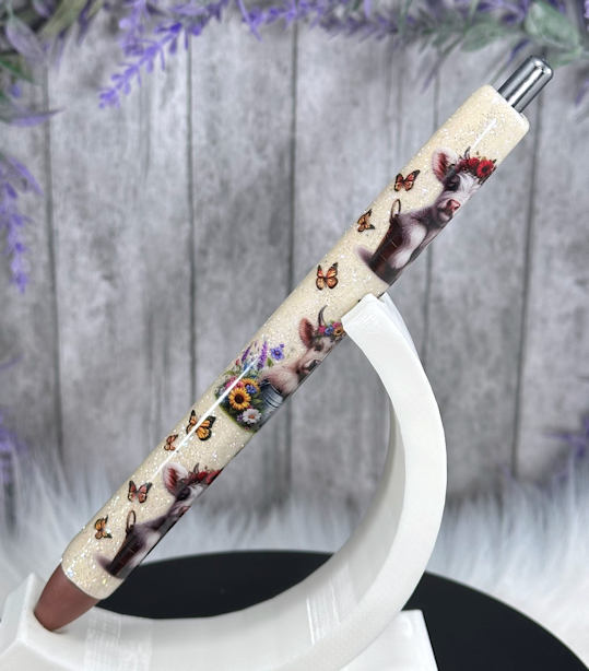 Handmade Baby Cow and Pig glitter pen with free refill