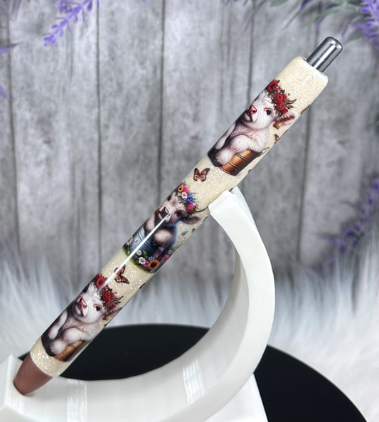 Handmade Baby Cow and Pig glitter pen with free refill