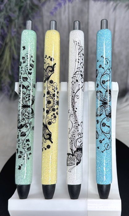 Handmade Filigree Butterflies on light green glitter pen with free refill