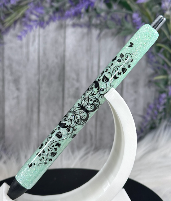 Handmade Filigree Butterflies on light green glitter pen with free refill