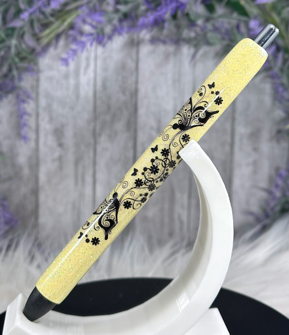 Handmade Filigree Butterflies on yellow glitter pen with free refill