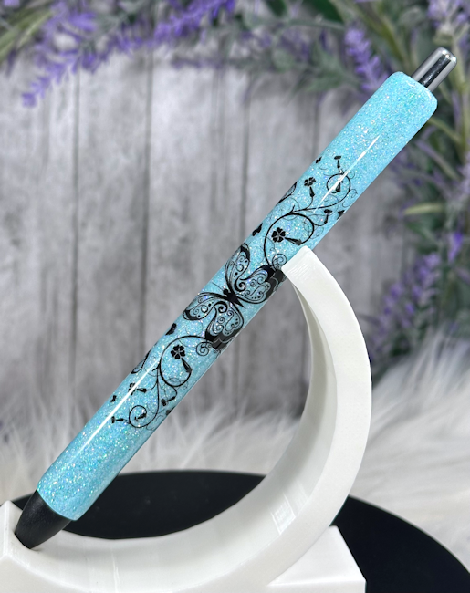 Handmade Filigree Butterflies on light blue  glitter pen with free refill