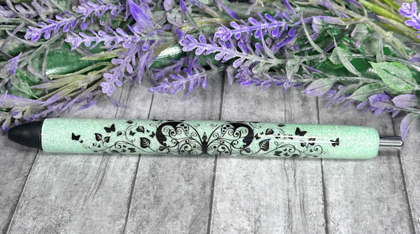 Handmade Filigree Butterflies on light green glitter pen with free refill