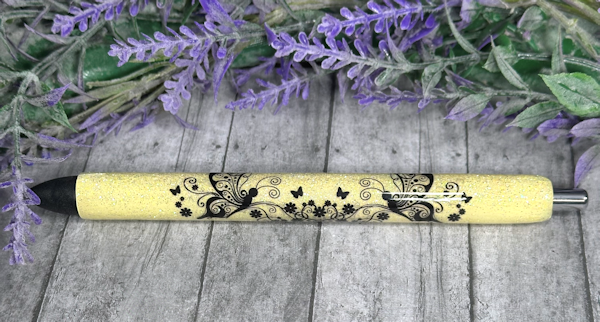 Handmade Filigree Butterflies on yellow glitter pen with free refill
