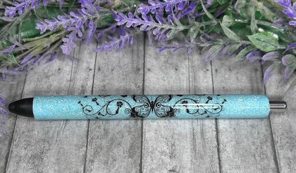 Handmade Filigree Butterflies on light blue  glitter pen with free refill