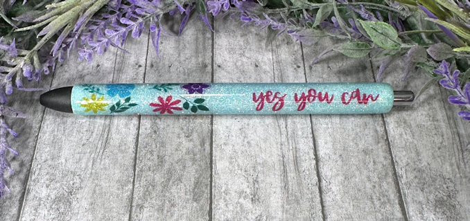 Handmade Yes You Can blue glitter pen with free refill