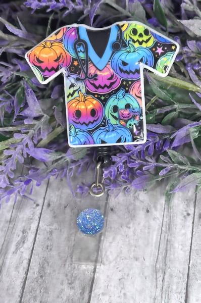 Handmade Halloween Scrub top Badge Reel