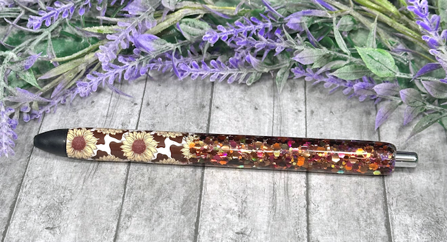 Handmade Sunflowers and Cow Print Ombre Brown glitter pen with free refill