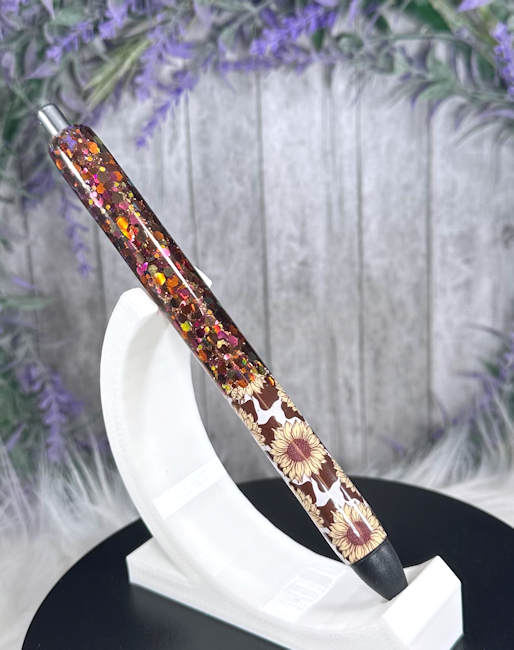 Handmade Sunflowers and Cow Print Ombre Brown glitter pen with free refill