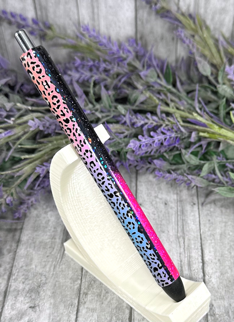 Handmade Ombre Pink and Black  glitter with rainbow animal print pen with free refill