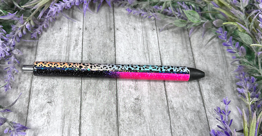 Handmade Ombre Pink and Black  glitter with rainbow animal print pen with free refill