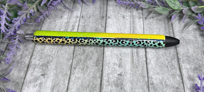 Handmade Ombre Yellow and Green glitter with rainbow animal print pen with free refill