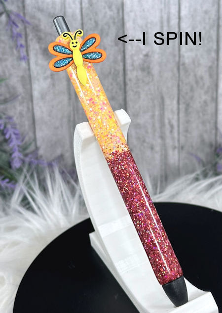 Handmade Spinning Dragonfly on Yellow and Burnt Orange ombre glitter pen with free refill