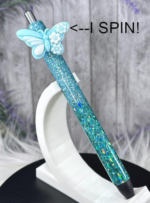 Handmade Spinning Butterfly on Aqua blues ombre glitter pen with free refill