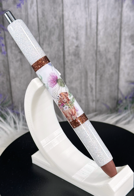 Handmade BOHO Highland Cows glitter pen with free refill