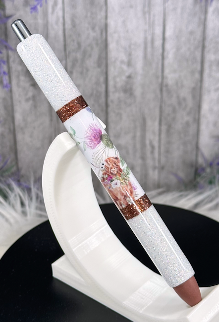 Handmade BOHO Highland Cows glitter pen with free refill
