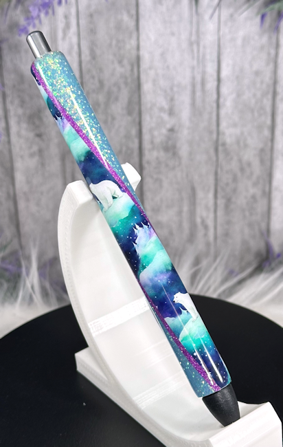 Handmade Polar Bears on blue glitter pen with free refill