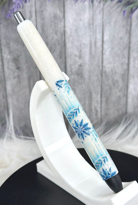 Handmade Blue Winter Foliage glitter pen with free refill