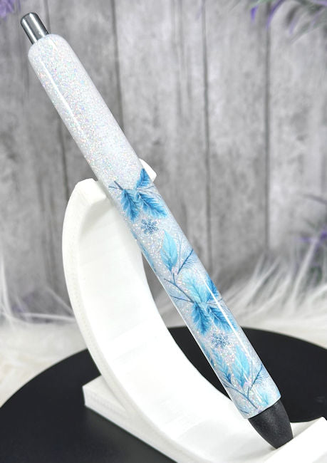 Handmade Blue Winter Foliage glitter pen with free refill 1
