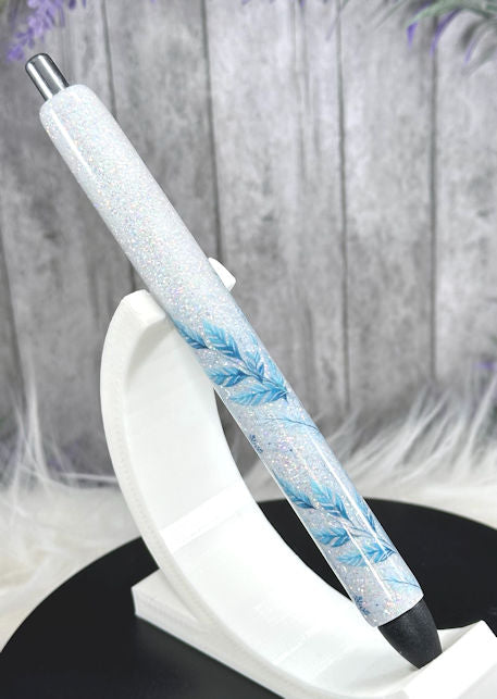 Handmade Blue Winter Foliage glitter pen with free refill 1