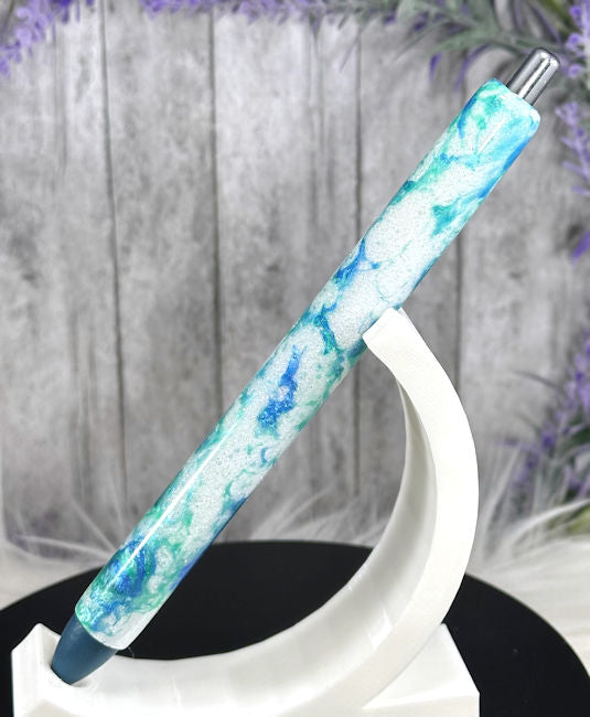 Handmade Aqua and Navy Blue marble glitter pen with free refill