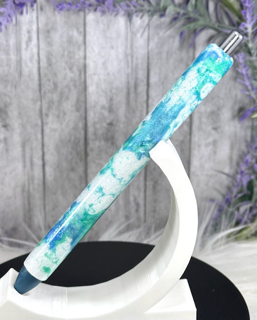 Handmade Aqua and Navy Blue marble glitter pen with free refill