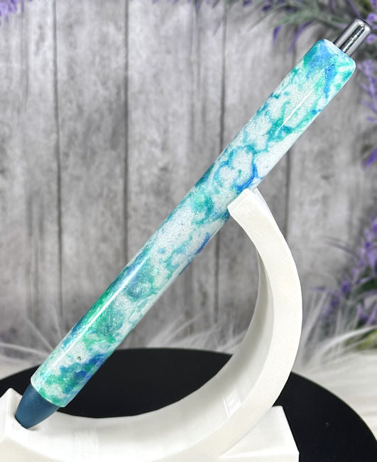 Handmade Aqua and Navy Blue marble glitter pen with free refill