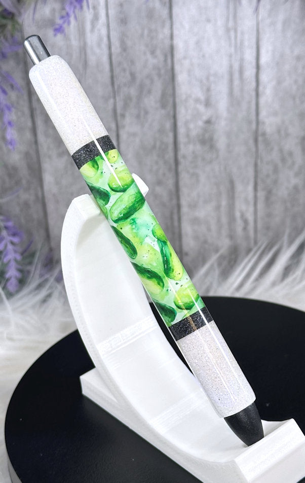 Handmade Pickles Peek a Boo on White glitter pen with free refill