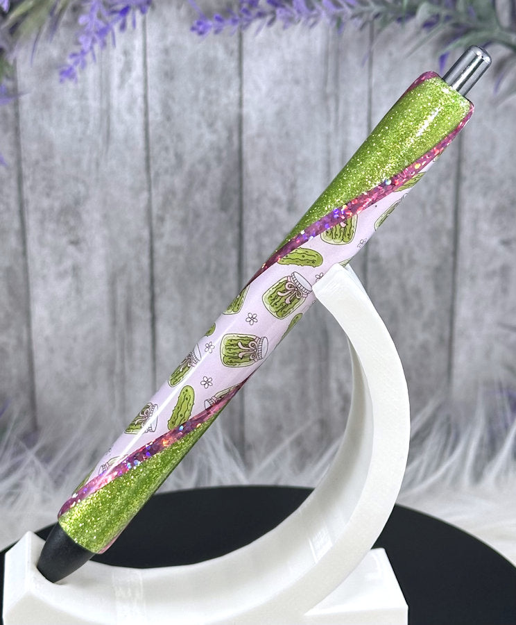 Handmade Pickle Jars on green glitter pen with free refill