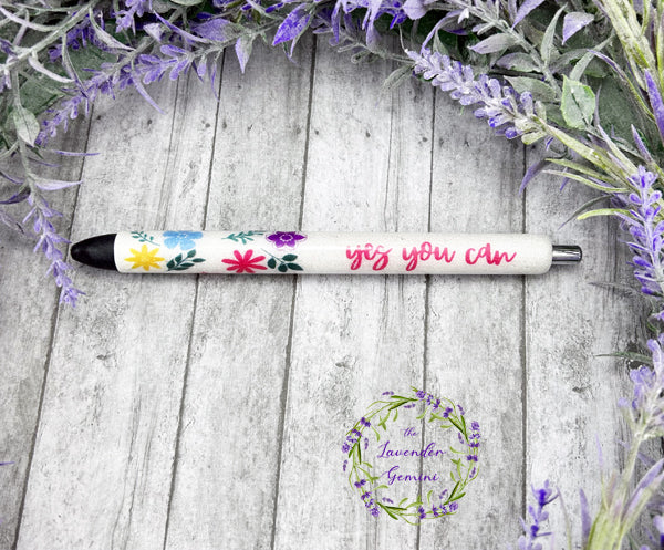 Handmade Yes You Can flowers glitter pen with free refill