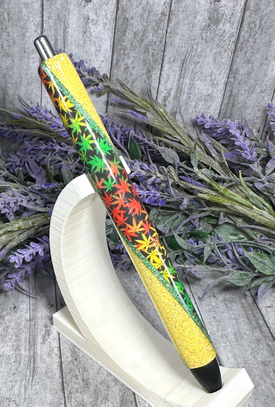 Handmade Marijuana Leaves on yellow glitter pen with free refill