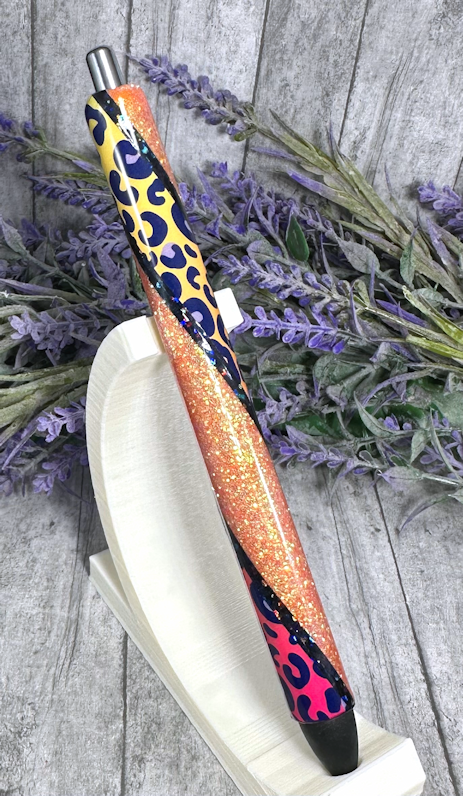Handmade animal print on orange glitter pen with free refill