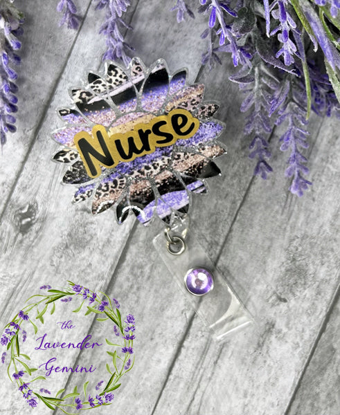 Handmade Nurse Purple Sunflower ID Badge Reel