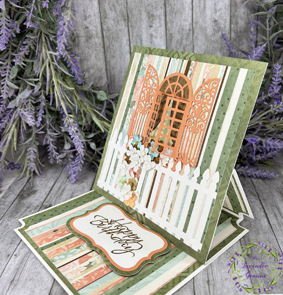 Handmade 3 Panel Easel Birthday card peach and green