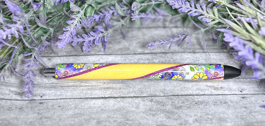 Handmade Retro Flowers on Yellow glitter pen with free refill