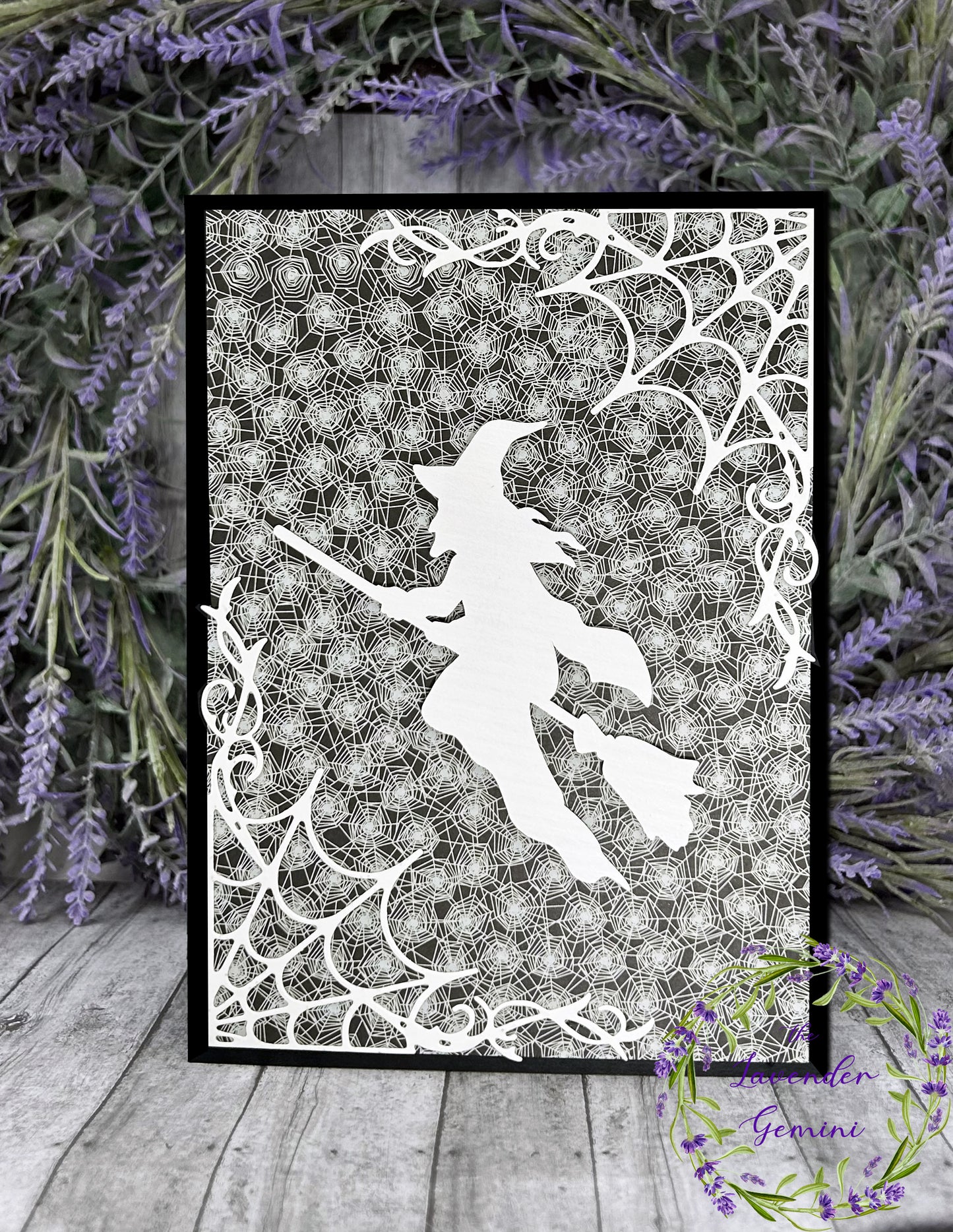 Handmade Witch and Cobwebs Halloween Card black