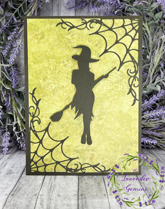 Handmade Witch and Cobwebs Halloween Card light green