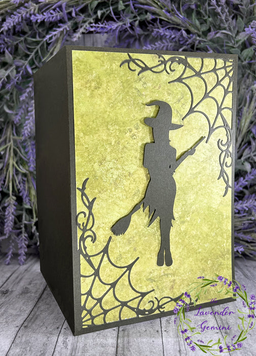 Handmade Witch and Cobwebs Halloween Card light green