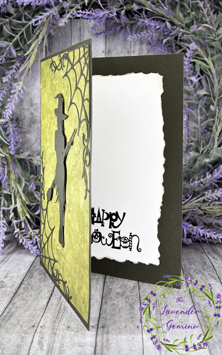 Handmade Witch and Cobwebs Halloween Card light green