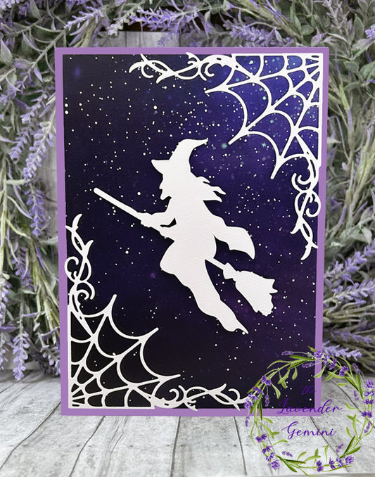 Handmade Witch and Cobwebs Halloween Card purple