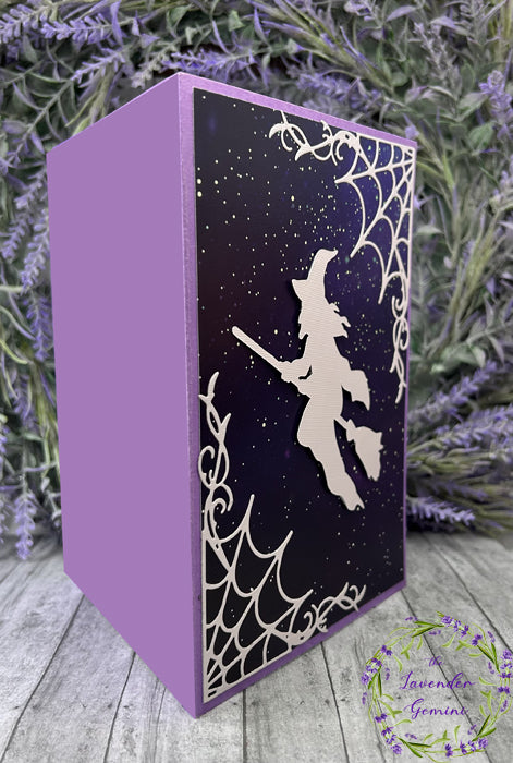 Handmade Witch and Cobwebs Halloween Card purple