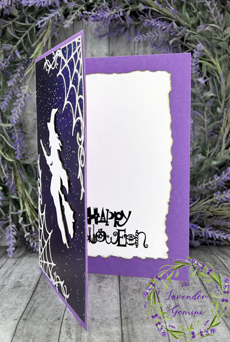 Handmade Witch and Cobwebs Halloween Card purple