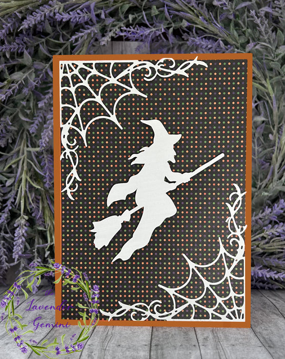 Handmade Witch and Cobwebs Halloween Card orange