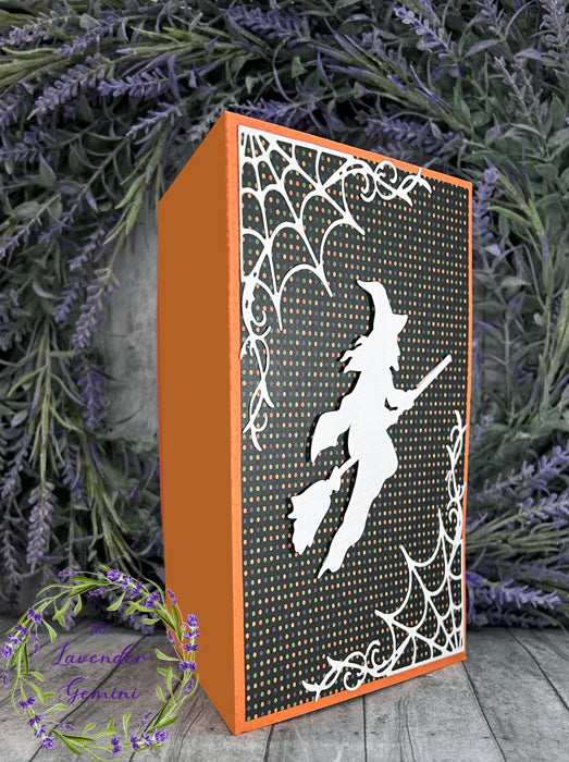 Handmade Witch and Cobwebs Halloween Card orange