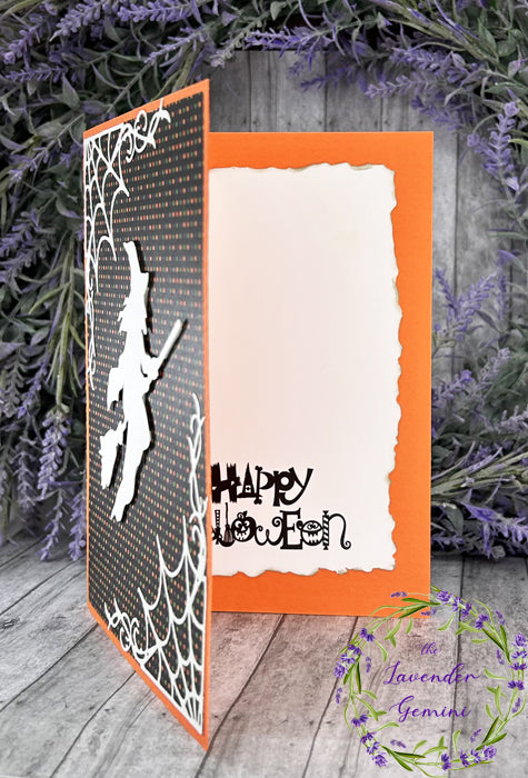 Handmade Witch and Cobwebs Halloween Card orange