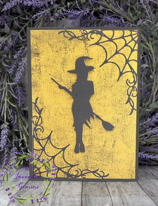 Handmade Witch and Cobwebs Halloween Card yellow