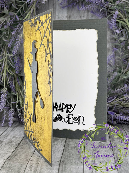 Handmade Witch and Cobwebs Halloween Card yellow