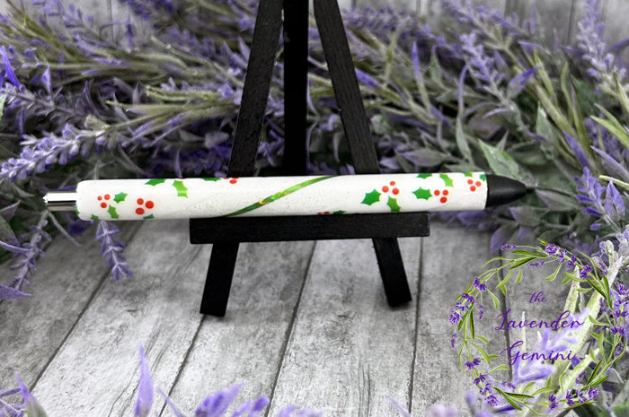 Handmade winter holly glitter pen with free refill