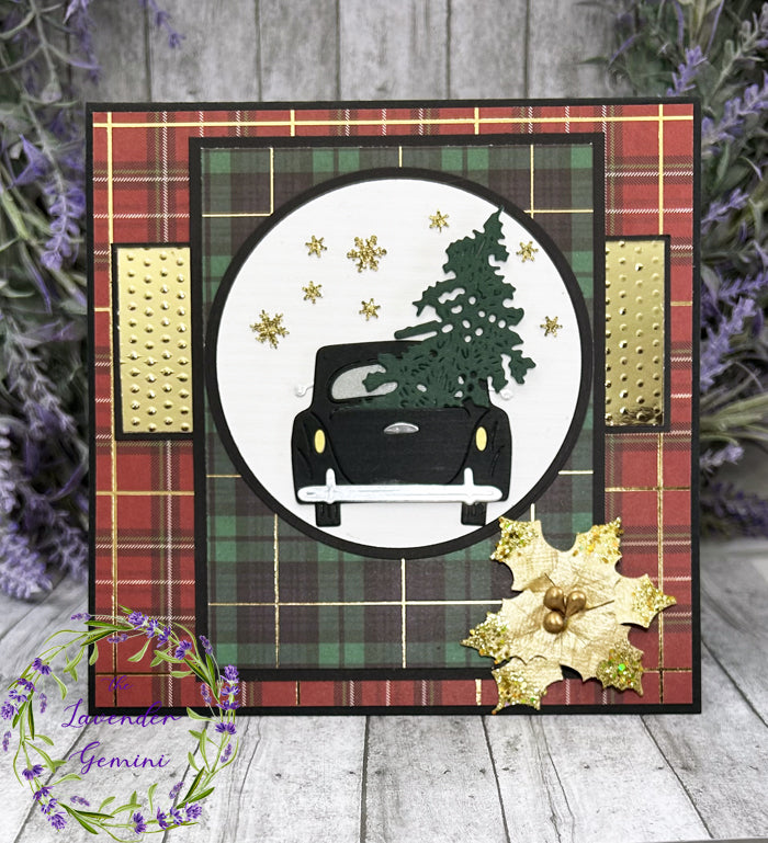 Handmade Chrtismas tree and vintage car Christmas Card Plaid