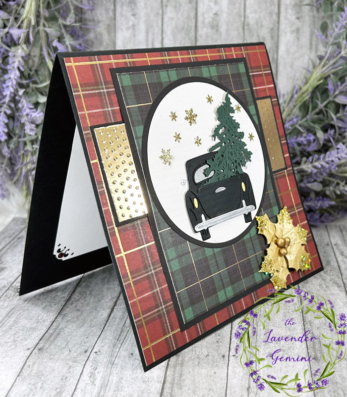 Handmade Chrtismas tree and vintage car Christmas Card Plaid